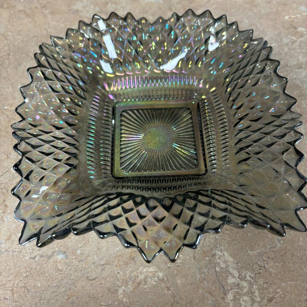 Vintage Indiana Glass Diamond Point Smoke Gray / Iridescent Square Candy Trinket